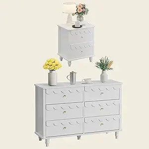 Bedroom Set - Two Drawers Nightstand & Scalloped 6 Drawer Dresser Combo