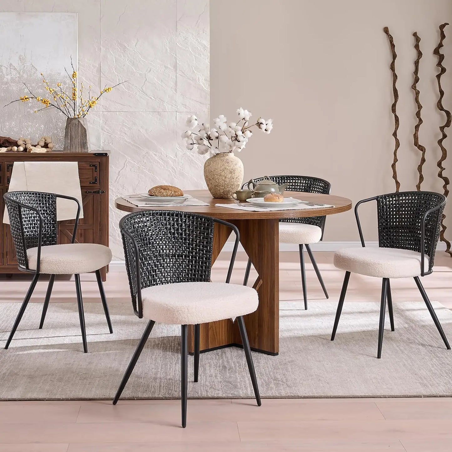 Rattan Dining Chairs with Boucle Cushion and Metal Legs