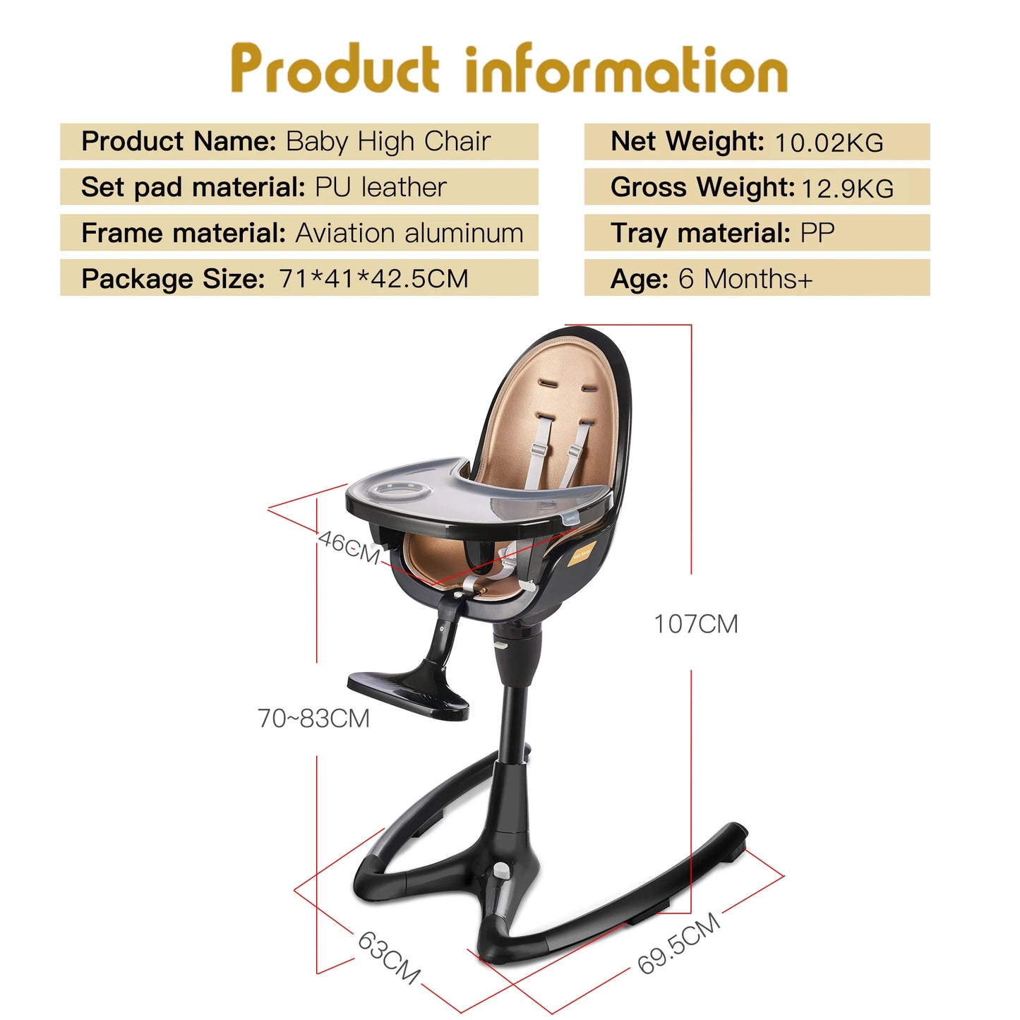 Baby Adjustable High Chair with Leather Cushion