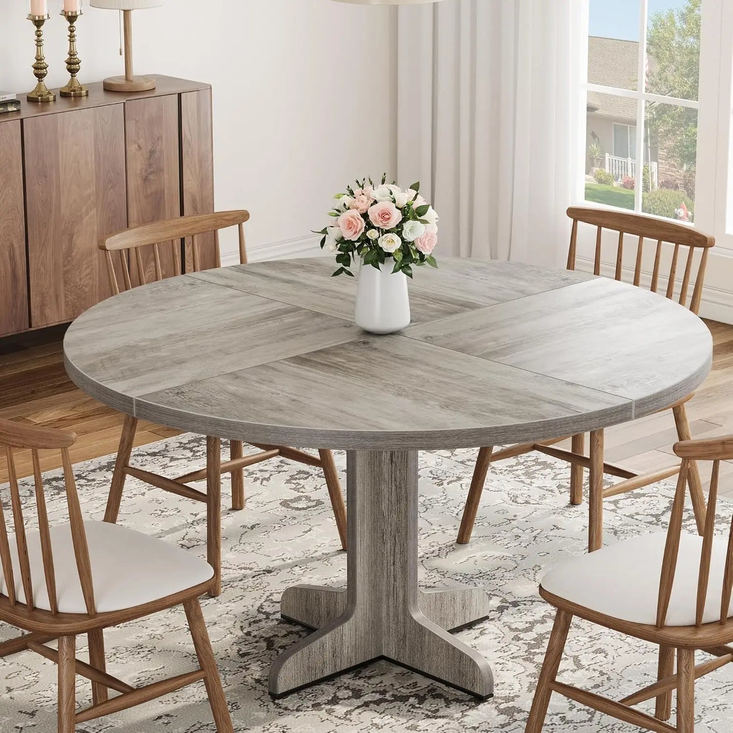 Farmhouse Round Dining Table with Tabletop and Stable Base