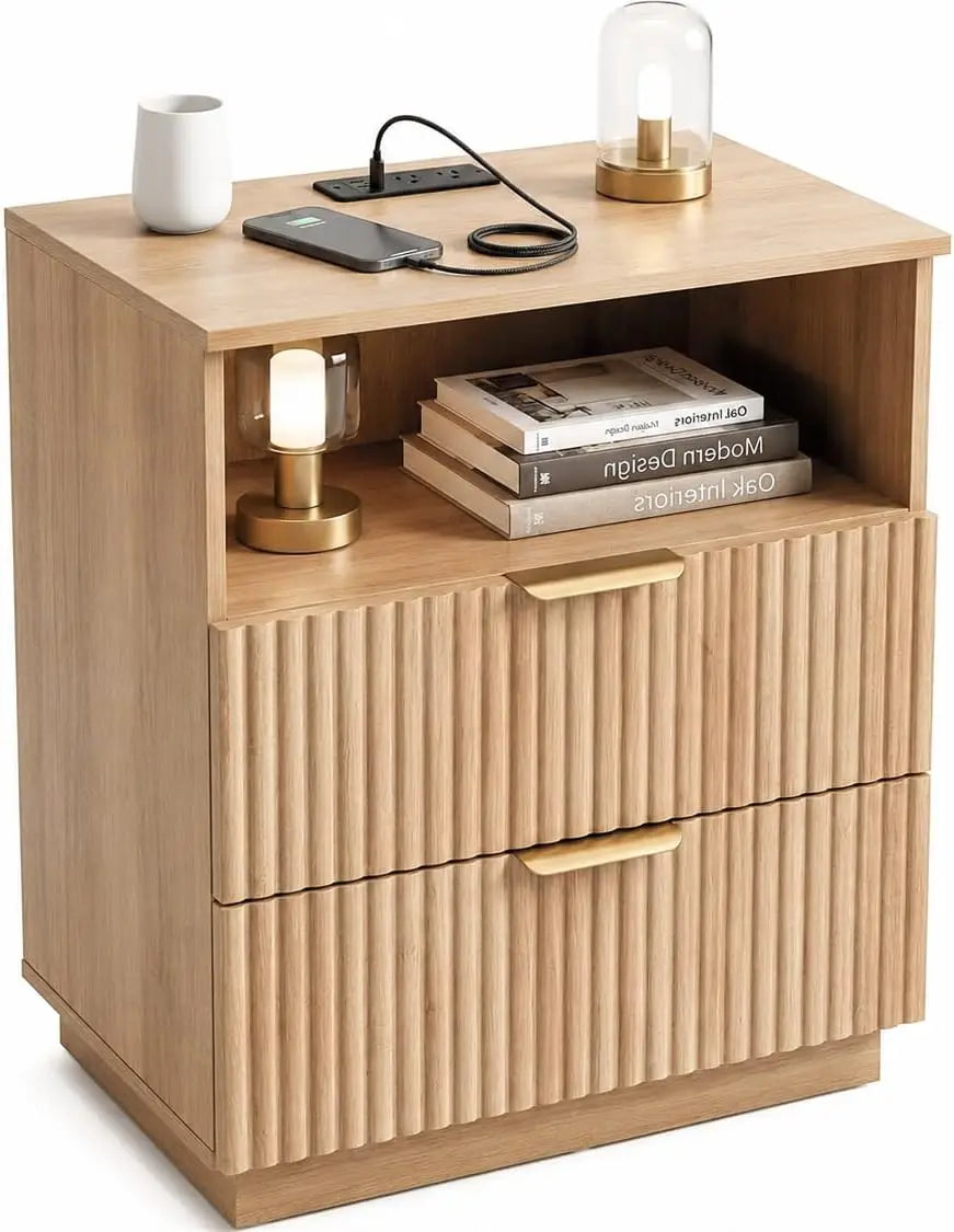 Fluted Nightstand with Charging Station