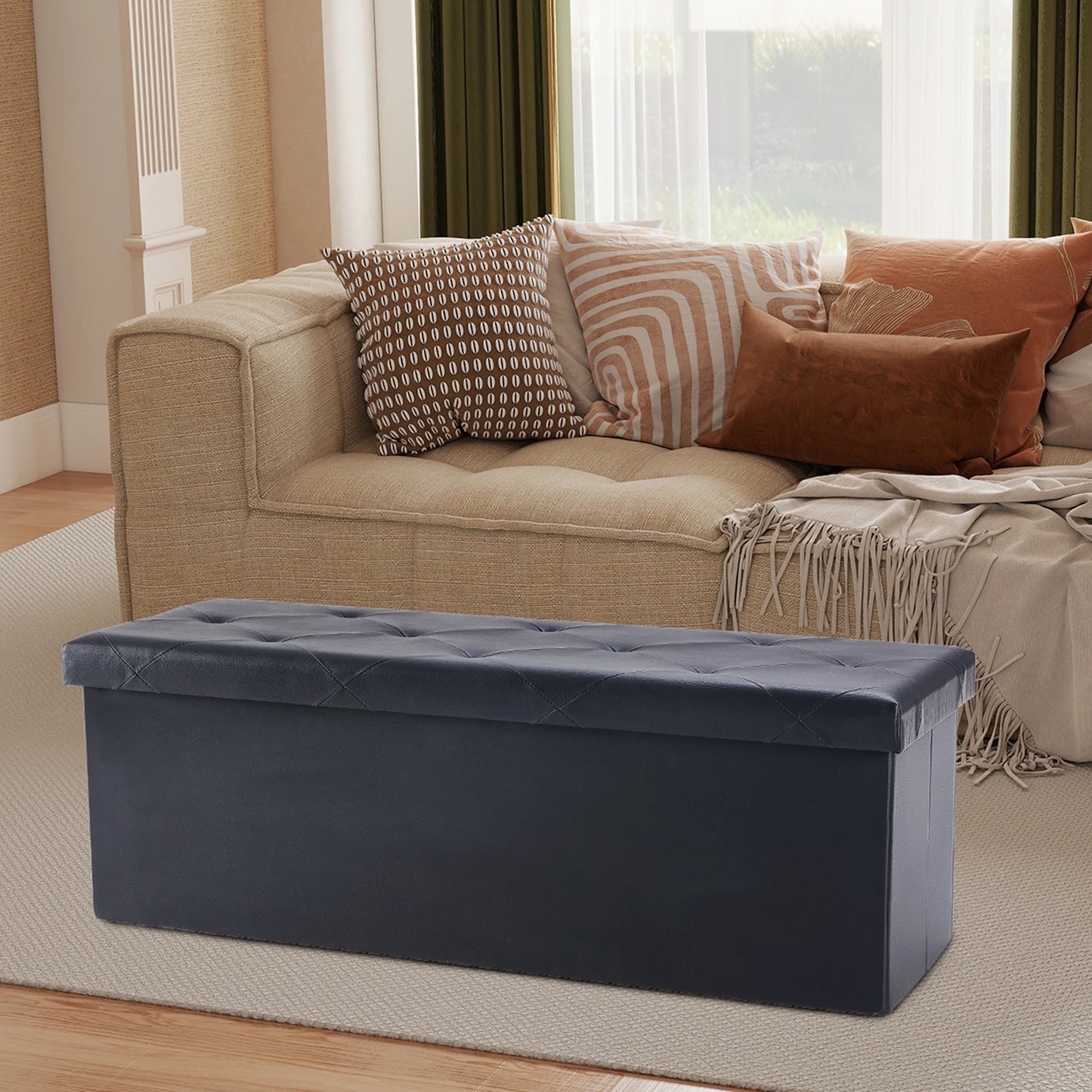 Leather Folding Ottoman Storage Footstool Bench