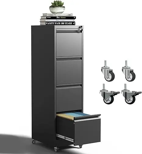 4 Drawer Mobile File Cabinet, Metal Filing Cabinet with Lock and Wheels, Home Office Rolling File Cabinets for Legal/Letter Hang