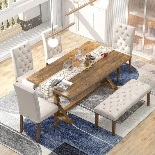 Wooden Rectangular Dining Table Set with Upholstered Chairs and a Bench