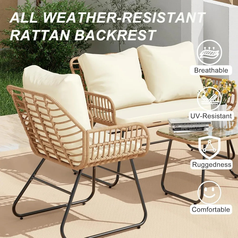 Outdoor Patio Furniture Set with Cushions & Tempered Glass Table