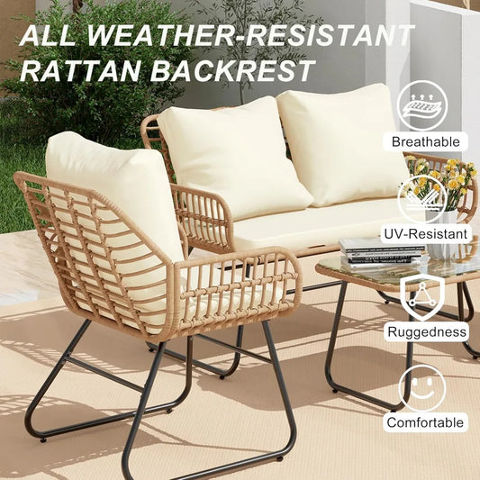 Outdoor Patio Furniture Set with Cushions & Tempered Glass Table