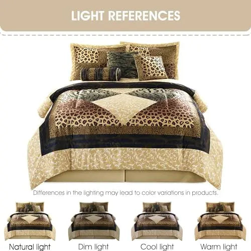 Brown Gold Leopard King Size Comforter Set with Matching Bed Skirt