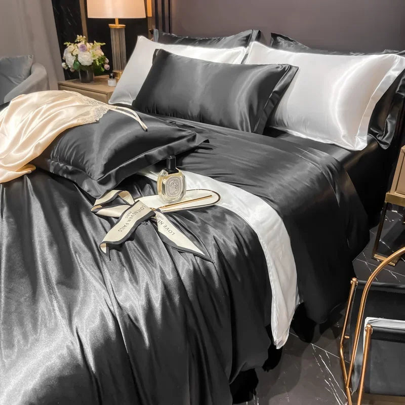 Solid Silk Bedding Set with Duvet Cover Bed Sheet