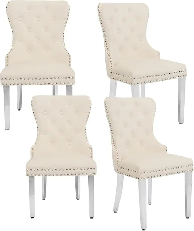 Tufted Upholstered Velvet Dining Chairs with Pull Ring and Stainless Steel Legs