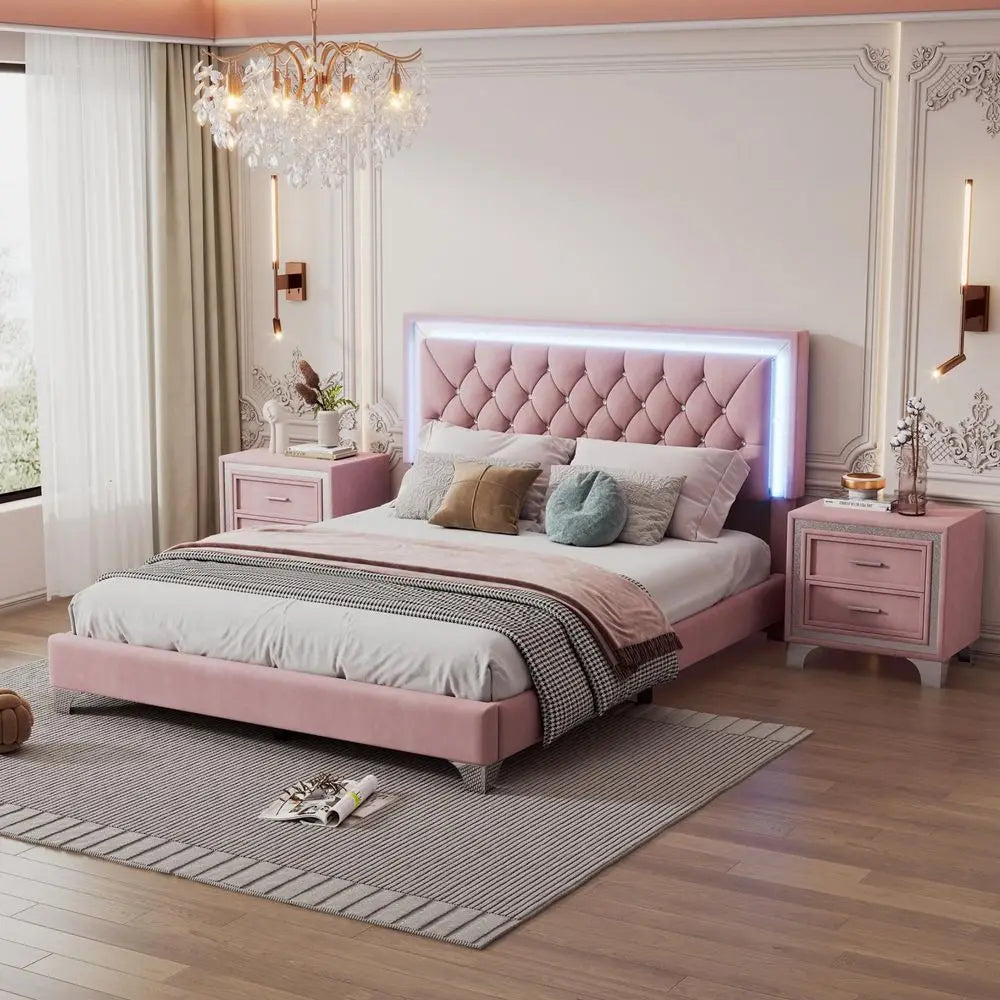 Upholstered Platform Bed with LED Lights and 2 Nightstands