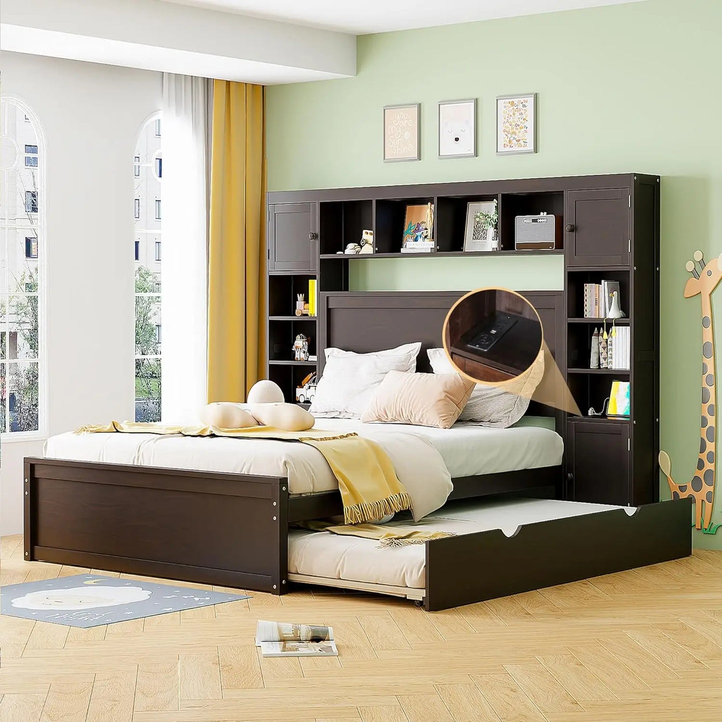 Storage Bed with Bookcase Headboard Platform Bed