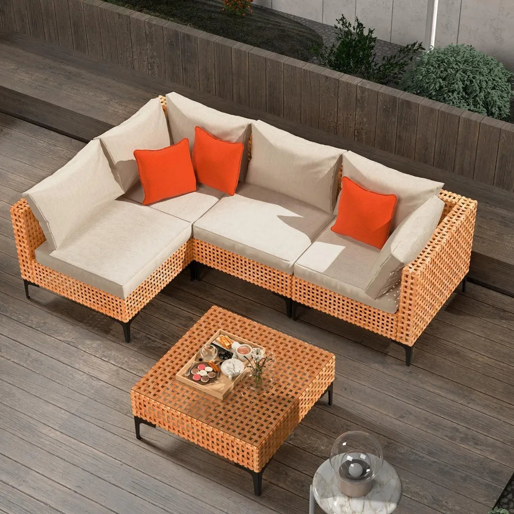 Outdoor Modular Wicker Sectional Sofa with Cushions and Table Patio Furniture Set