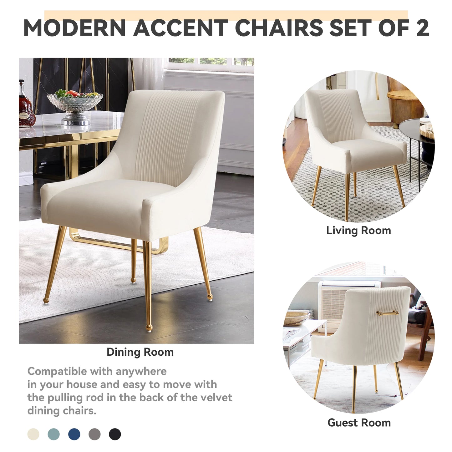 Modern Glam Vanity Buckle Pleated Velvet Dining Chair with Rear Handle