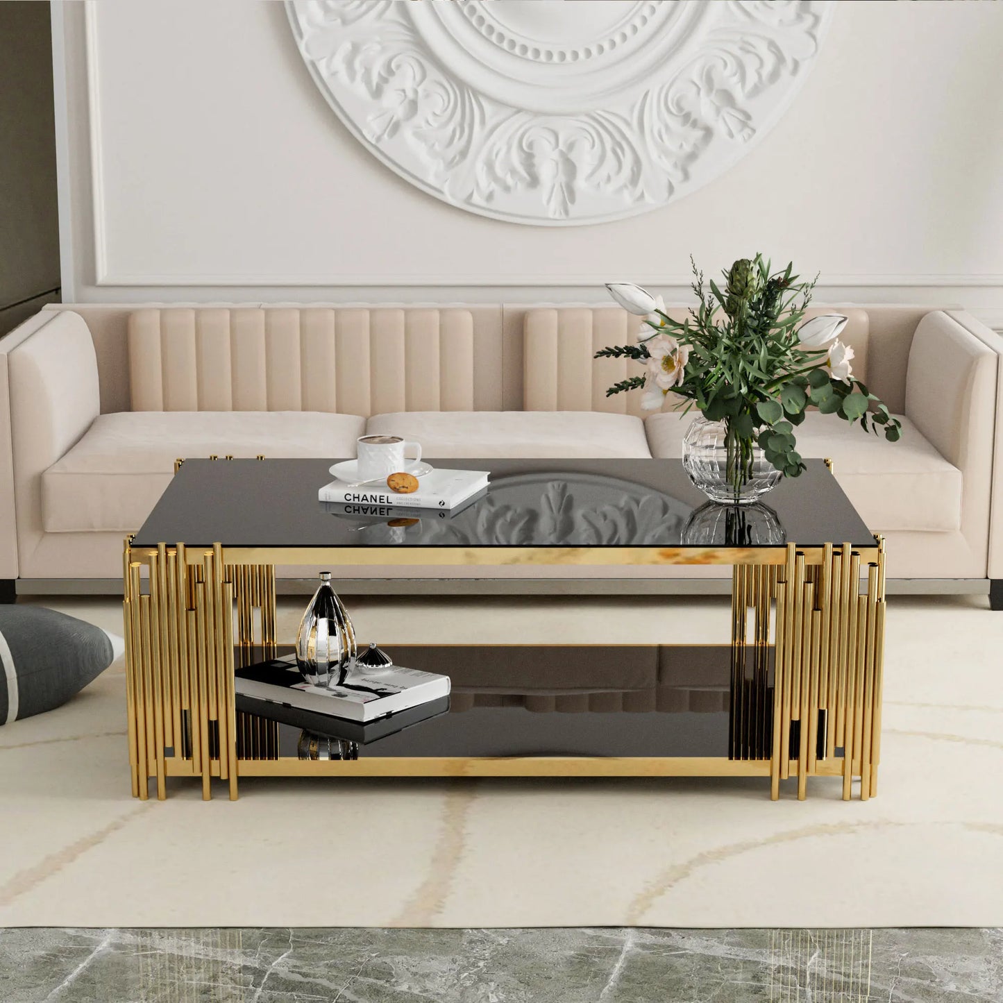 Modern Stainless Steel Rectangle Black Tempered Glass Coffee Table