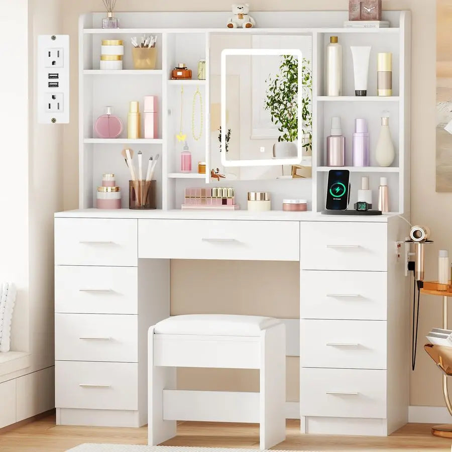 Vanity Desk with Mirror Lights, Power Outlet and Jewelry Storage
