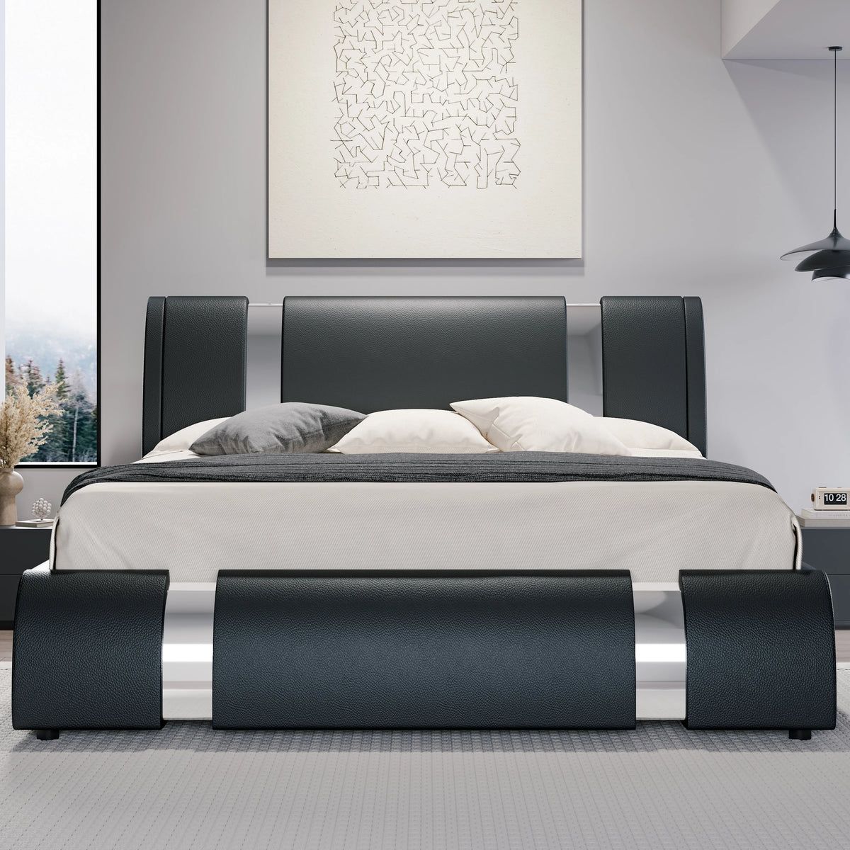 Modern Faux Leather Bed Frame with Iron Pieces Decor