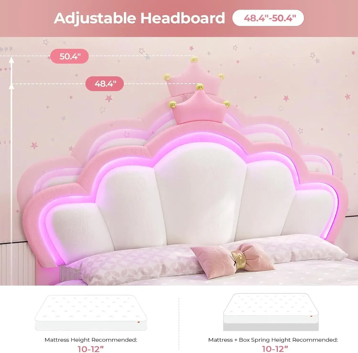 Princess Bed Frame with LED Lights and Adjustable Chic Double Shell Headboard