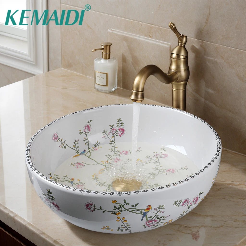 Ceramic Vessel Counter Top Flower Bird Pattern Bowl Sinks for Bathrooms