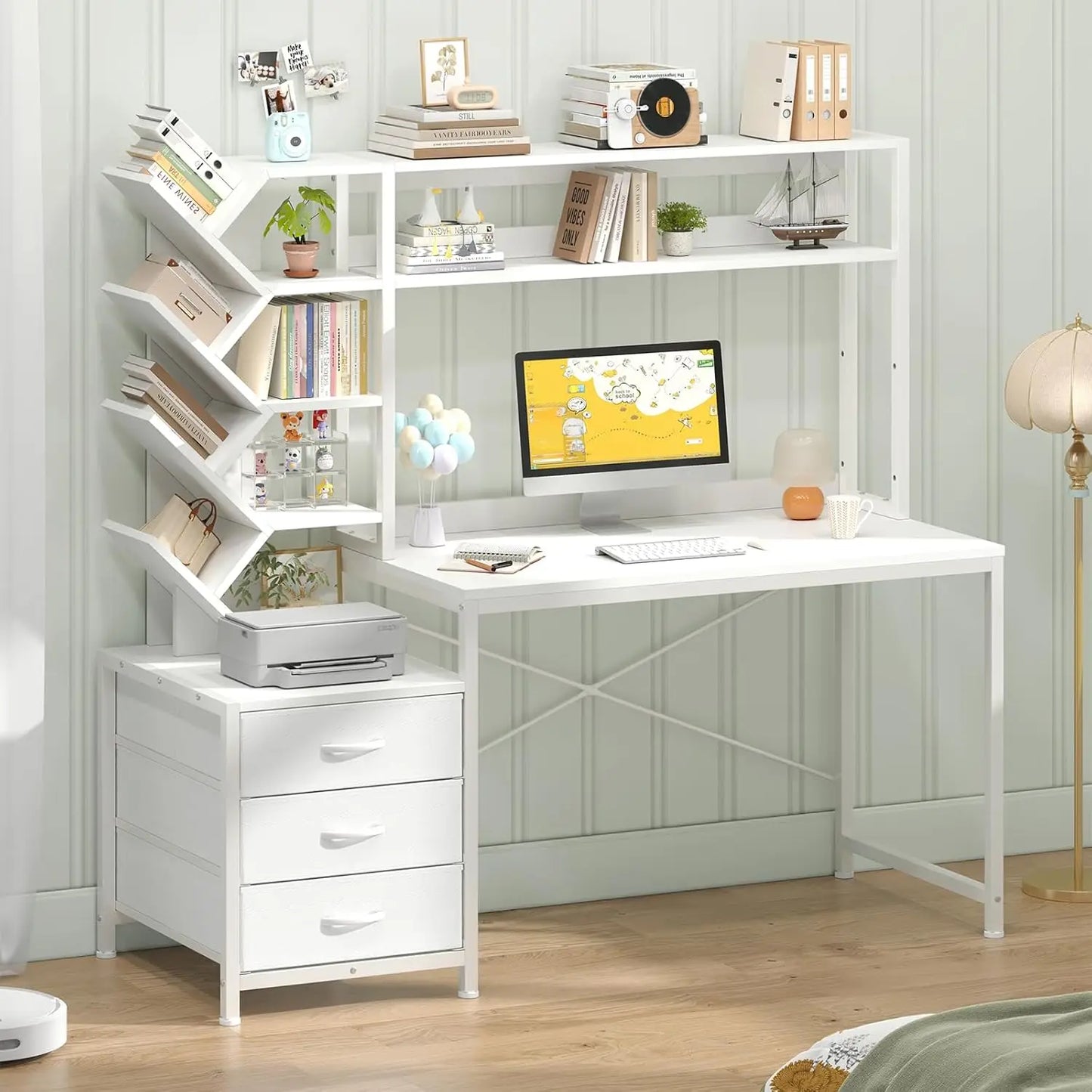 Reversible Computer Desk with Hutch Drawers Bookshelf Storage