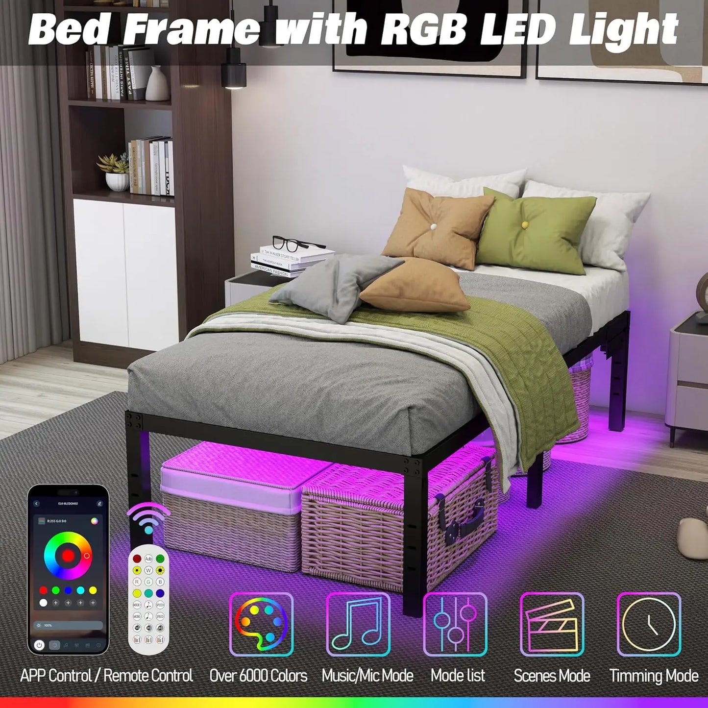Twin Platform Bed Frame with Storage and LED Lights & Charging Station