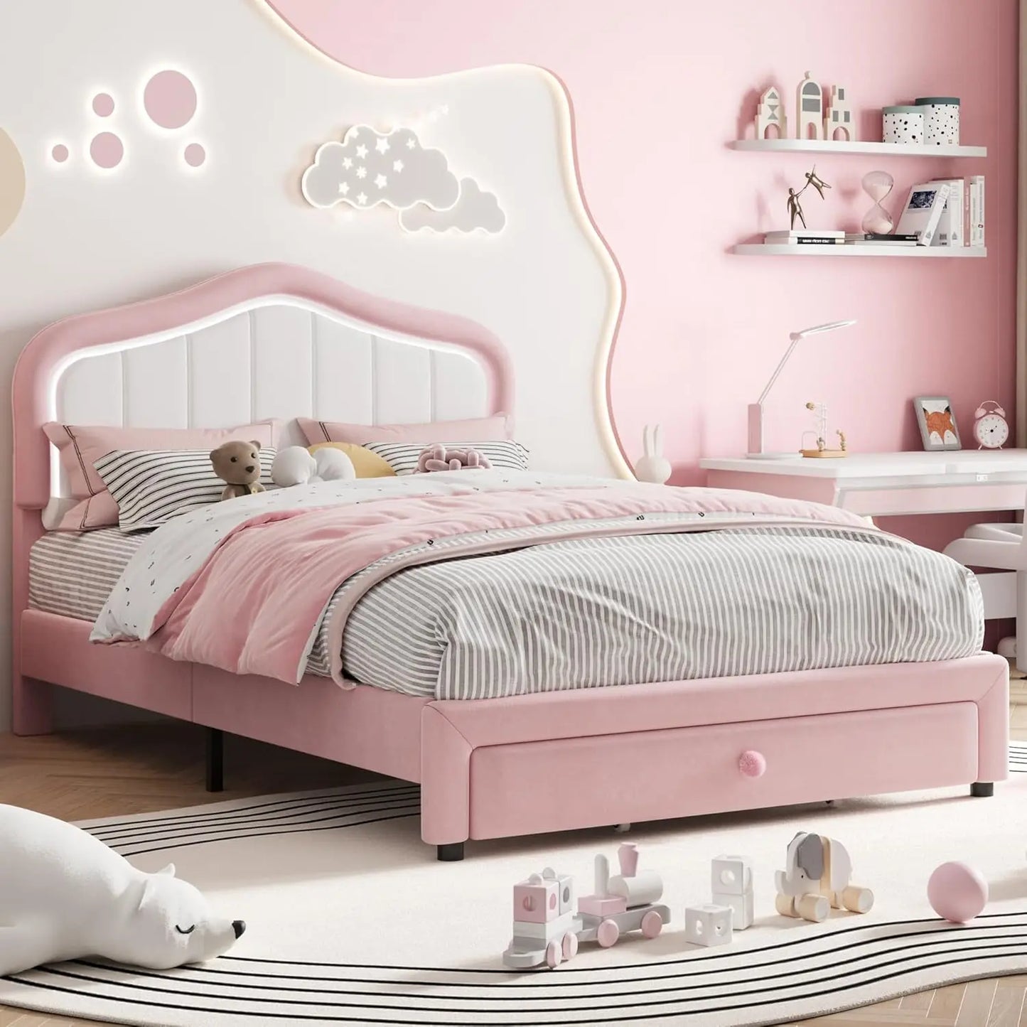 Modern Princess Style Upholstered Bed Frame with LED Crown Headboard