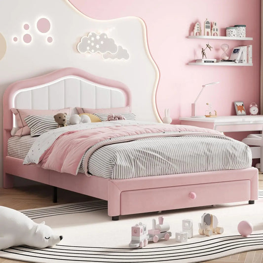 Modern Princess Style Upholstered Bed Frame with LED Crown Headboard