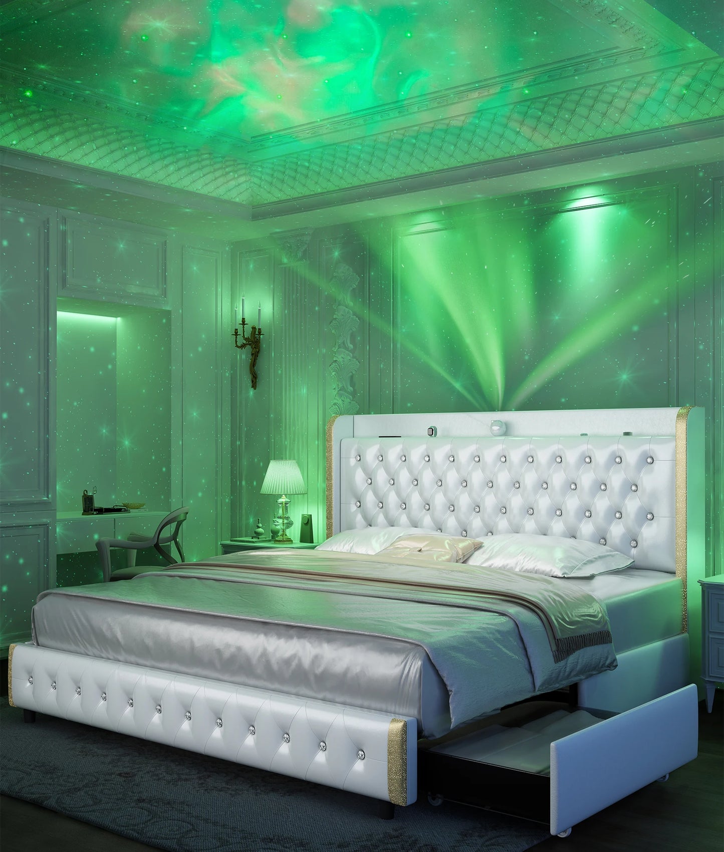 Bed Frame, Galaxy Projector, Bluetooth Speaker, USB Ports, 4 Drawers, No Box Spring Needed