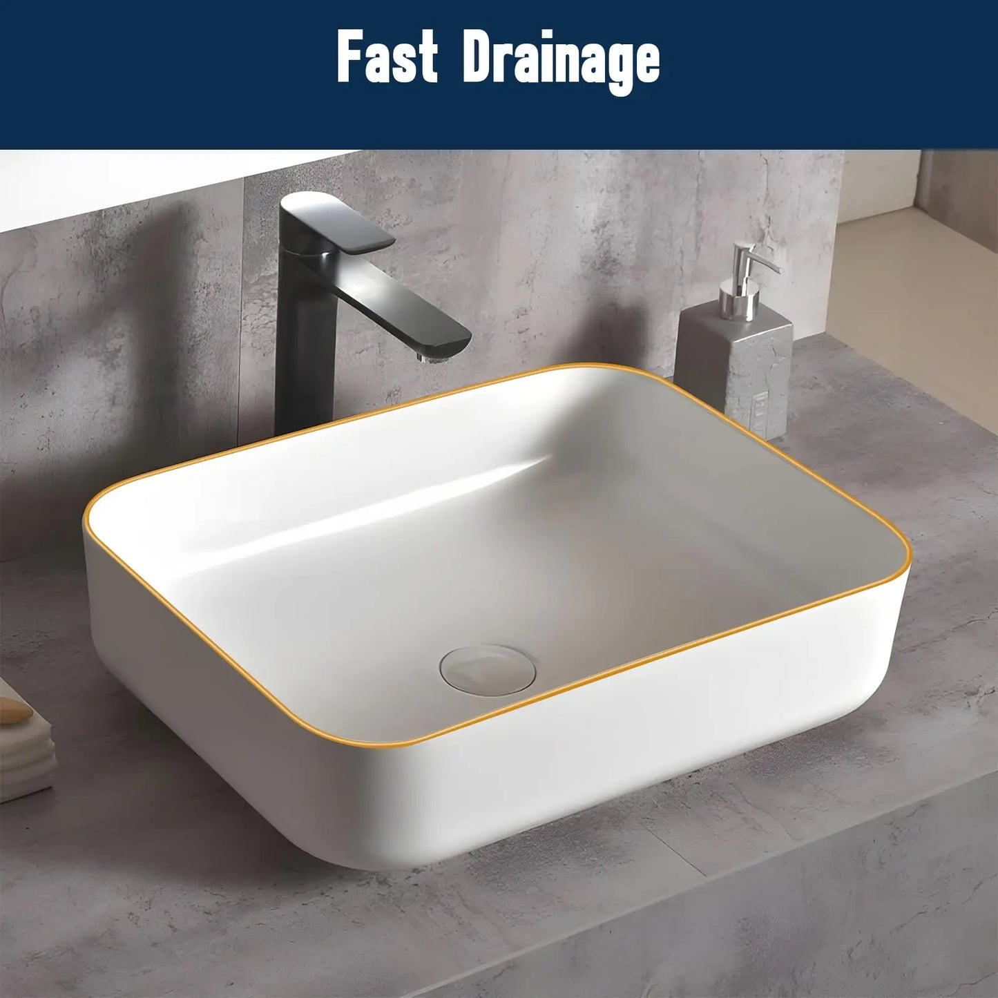 Elegant Modern Ceramic Style Gold Rim Rectangular Vessel Sink