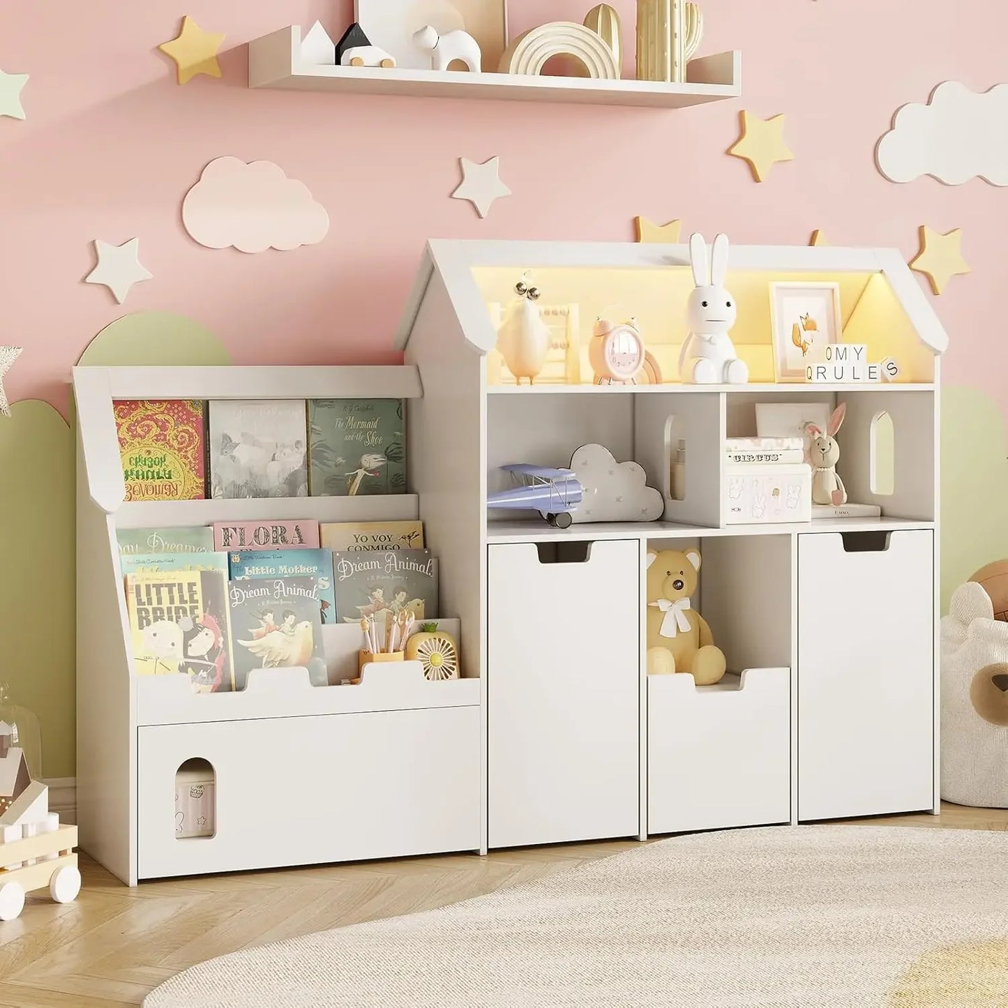 Castle Shaped Bookshelf Storage Organizer With Removable Drawers with LED Lights