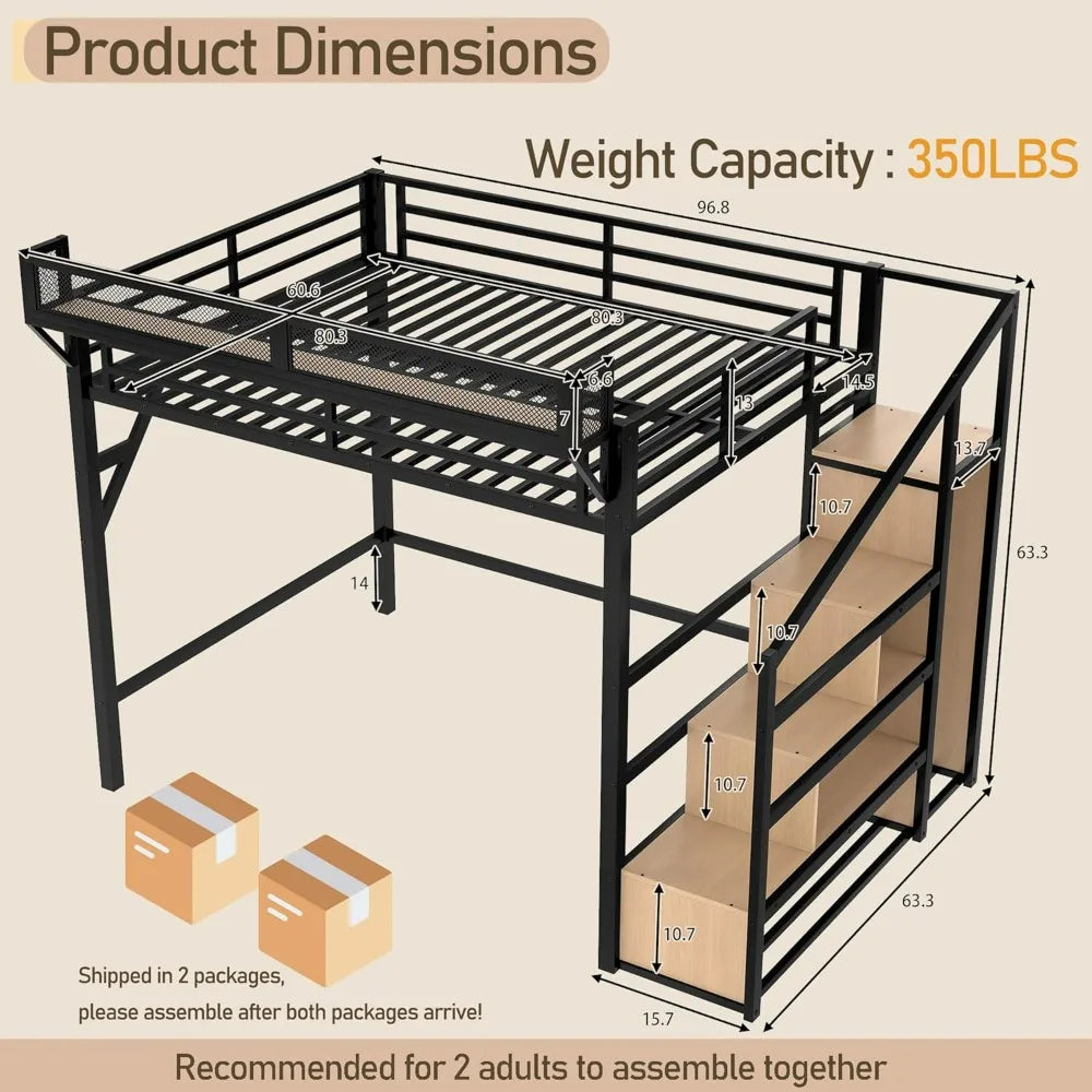 Metal Loft Bed Frame with Storage Stairs, Side Shelf, Wardrobe, USB Ports, and LED Lighting