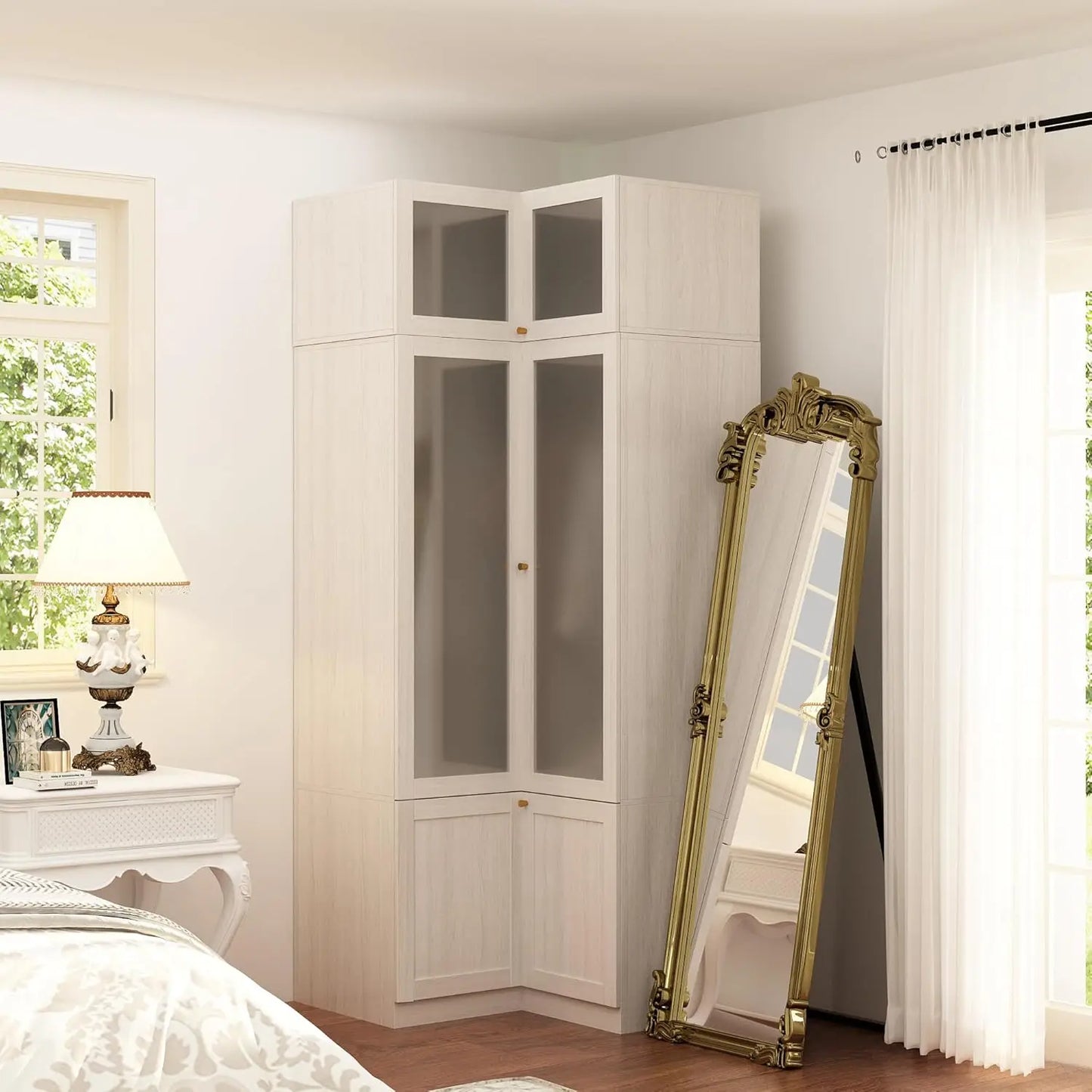 L-Shape Wooden Wardrobe with Frosted Glass Doors