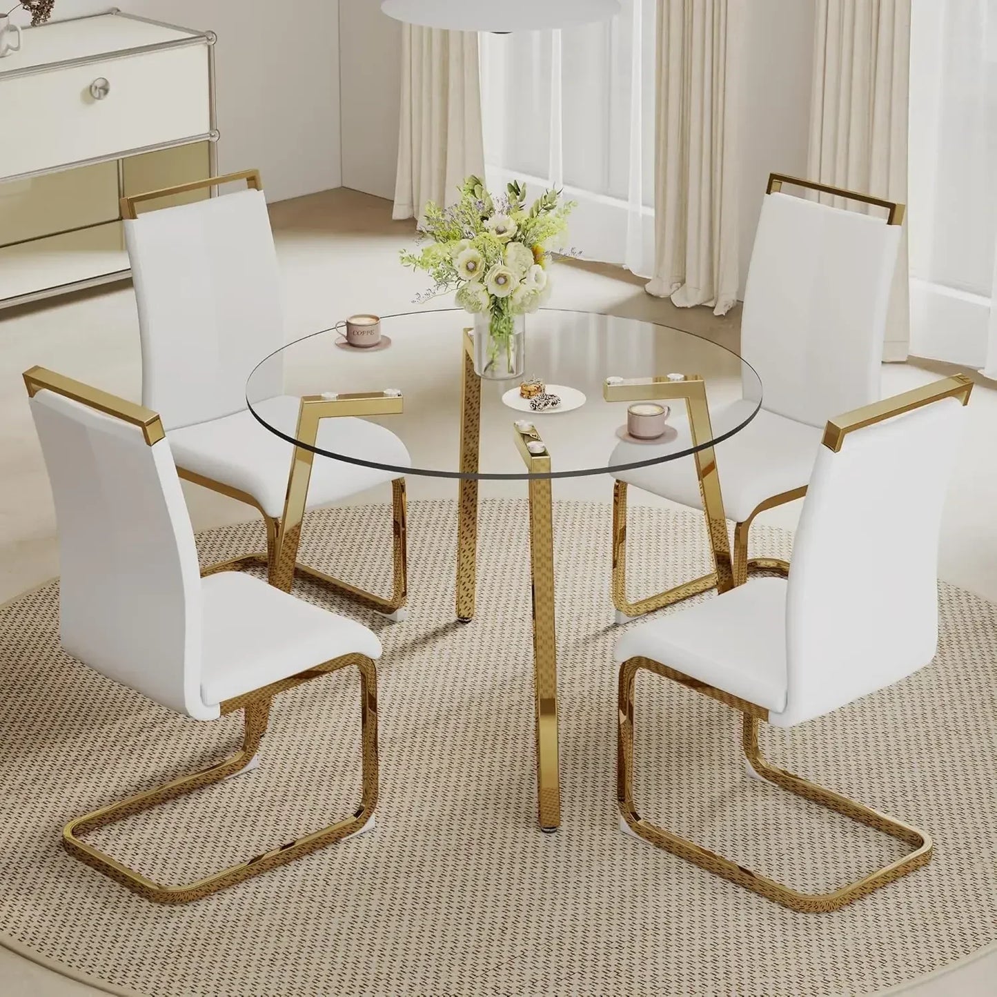 Tempered Glass Round Dining Table Set with 4 Armless Chairs