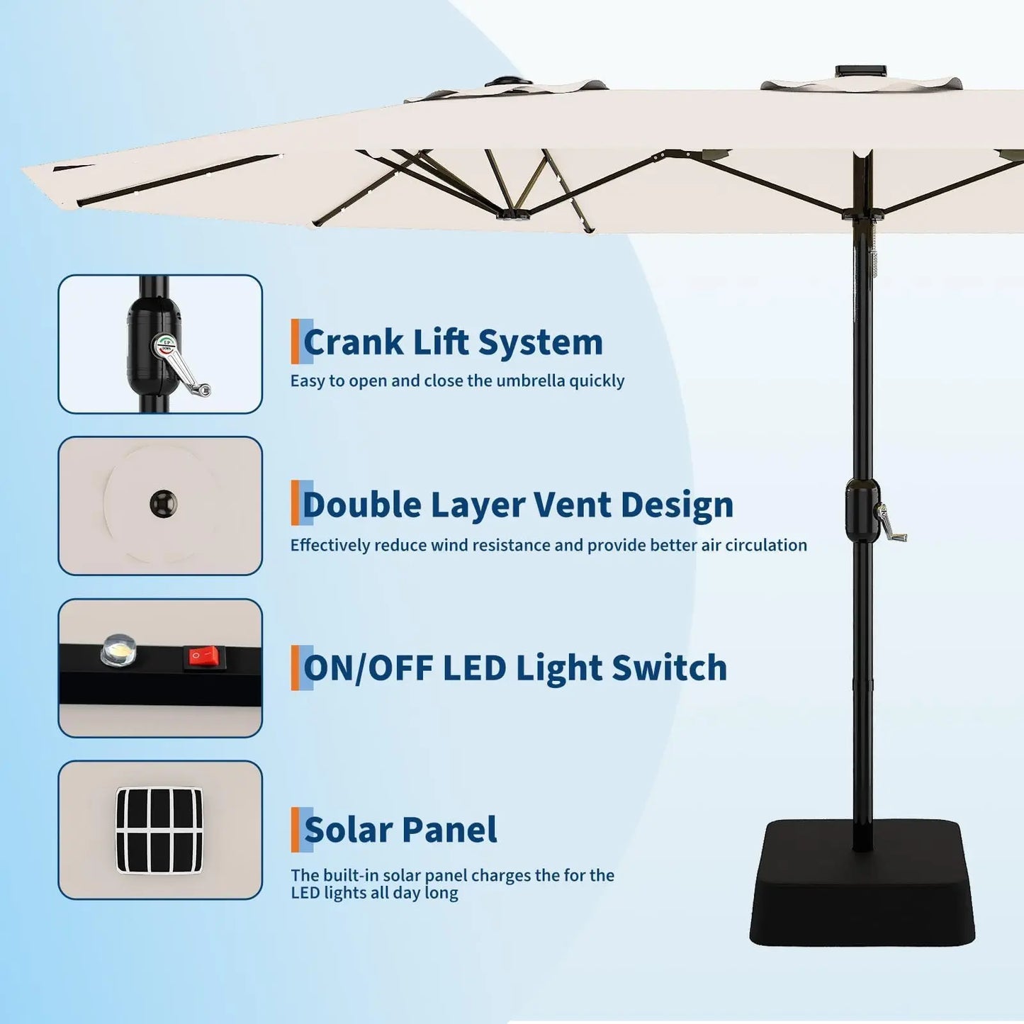Outdoor Patio Umbrella With Solar LED Lights & Base