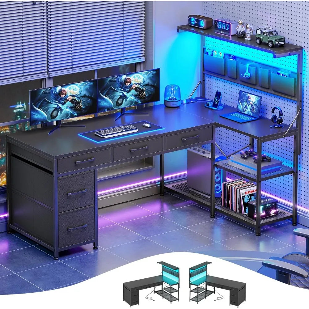 L Shaped Reversible Computer Desk with Bookshelf and Storage Shelves