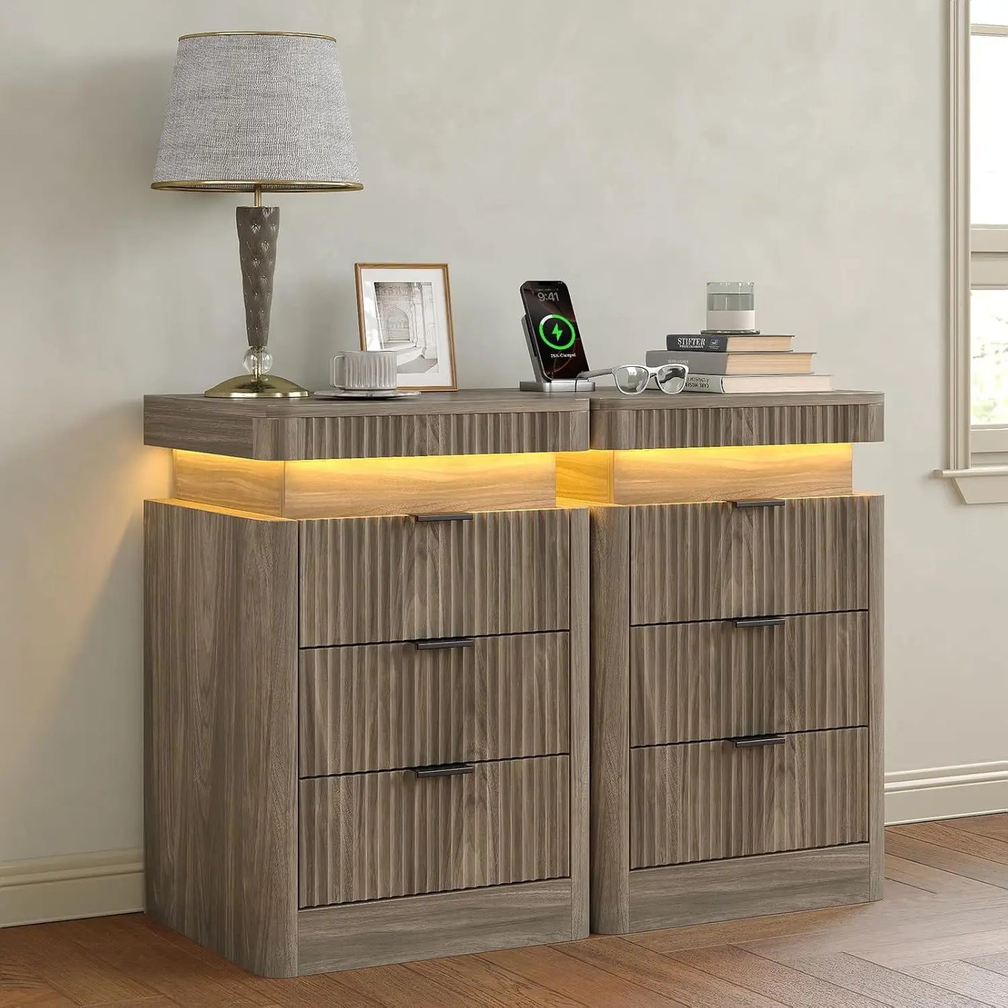 Fluted Night Stand with Charging Station