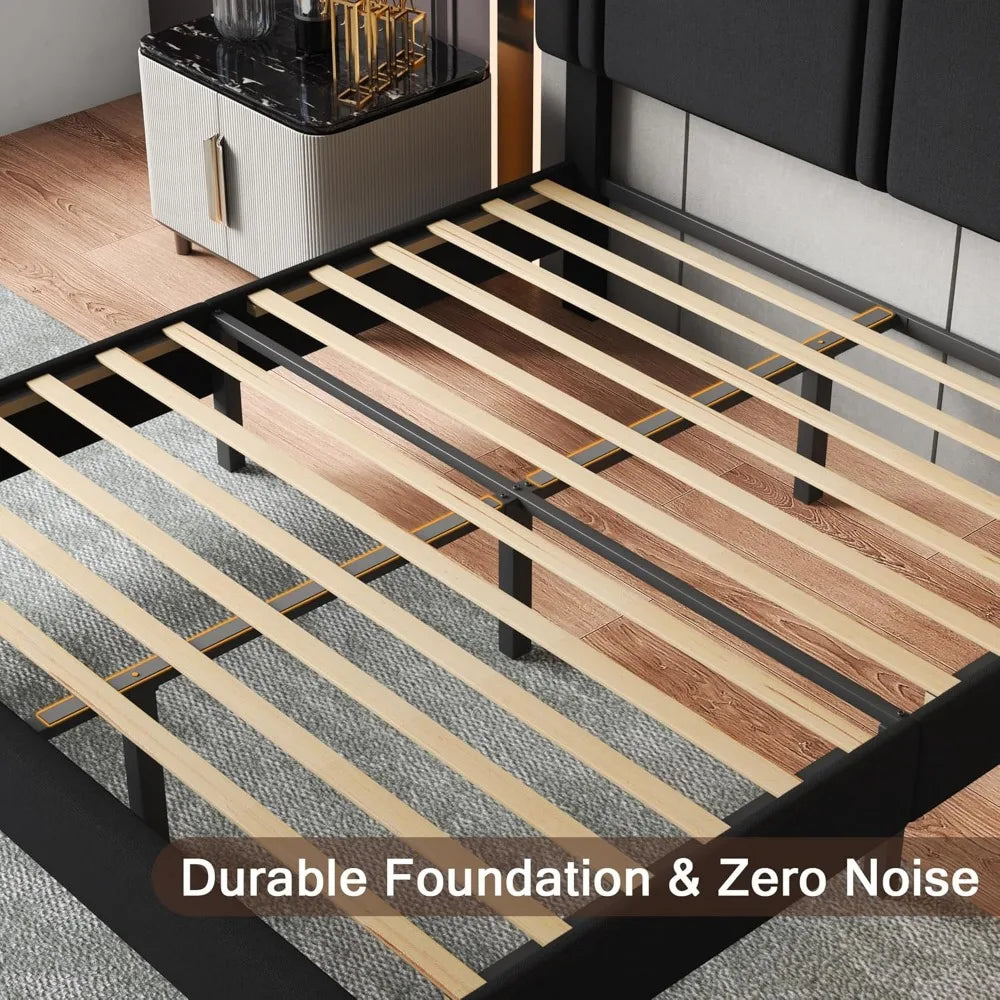 Upholstered Bed Frame with Linen Fabric Headboard