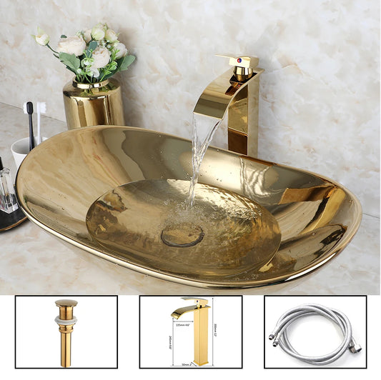 Gold Ceramic Luxury Bathroom Vessel Sink Set