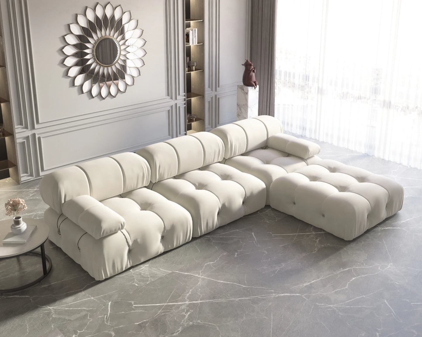 Modern L-Shaped Velvet Couch with Reversible Ottoman