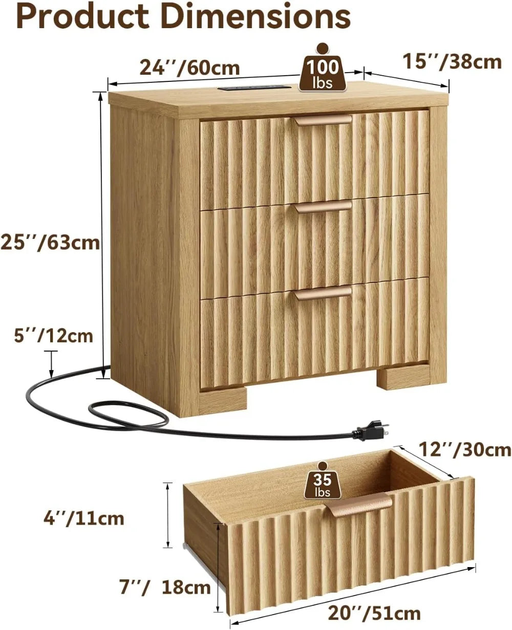 Fluted Nightstand with Charging Station