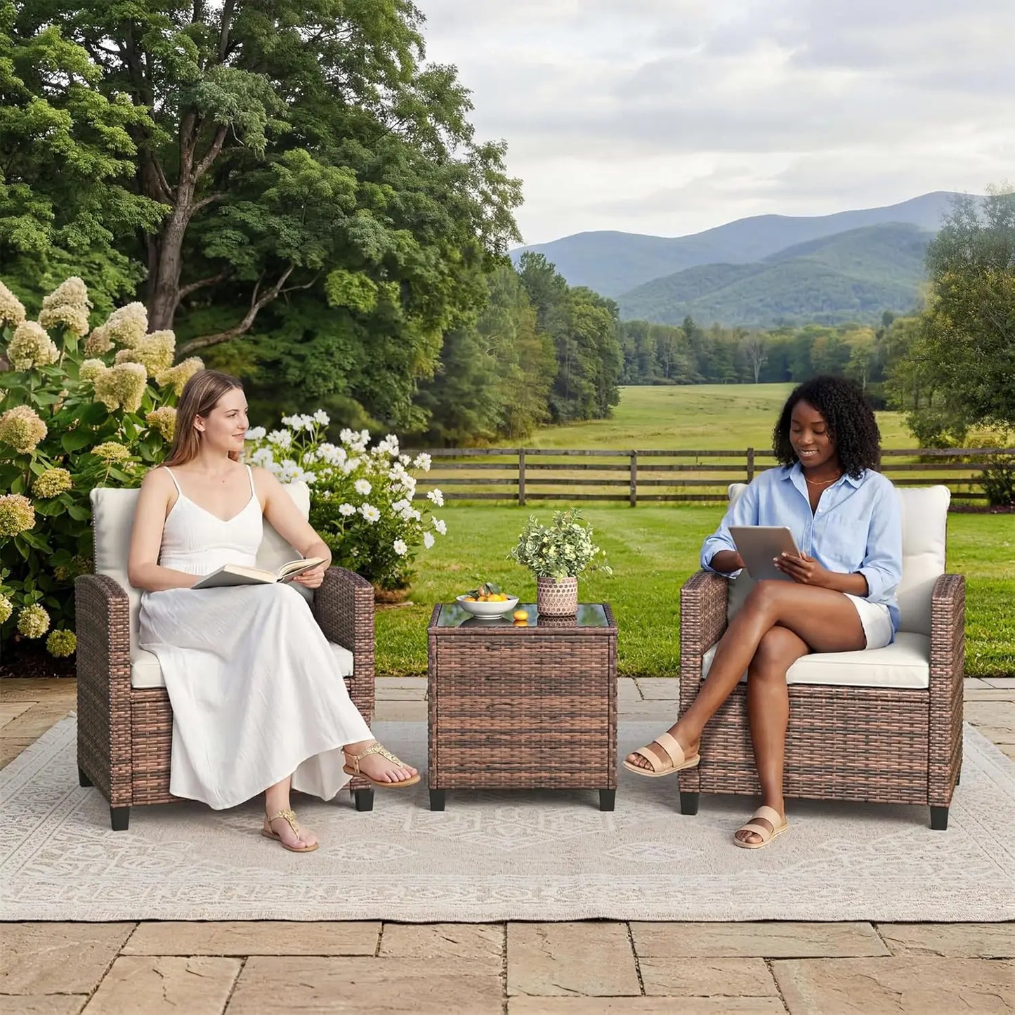 Rattan Patio Furniture Set - Wicker Chairs with Side Table