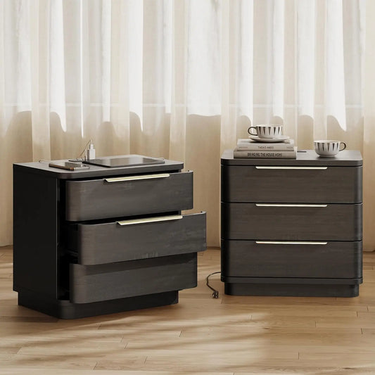 Natural Wood Nightstand with Drawers and Charging Station