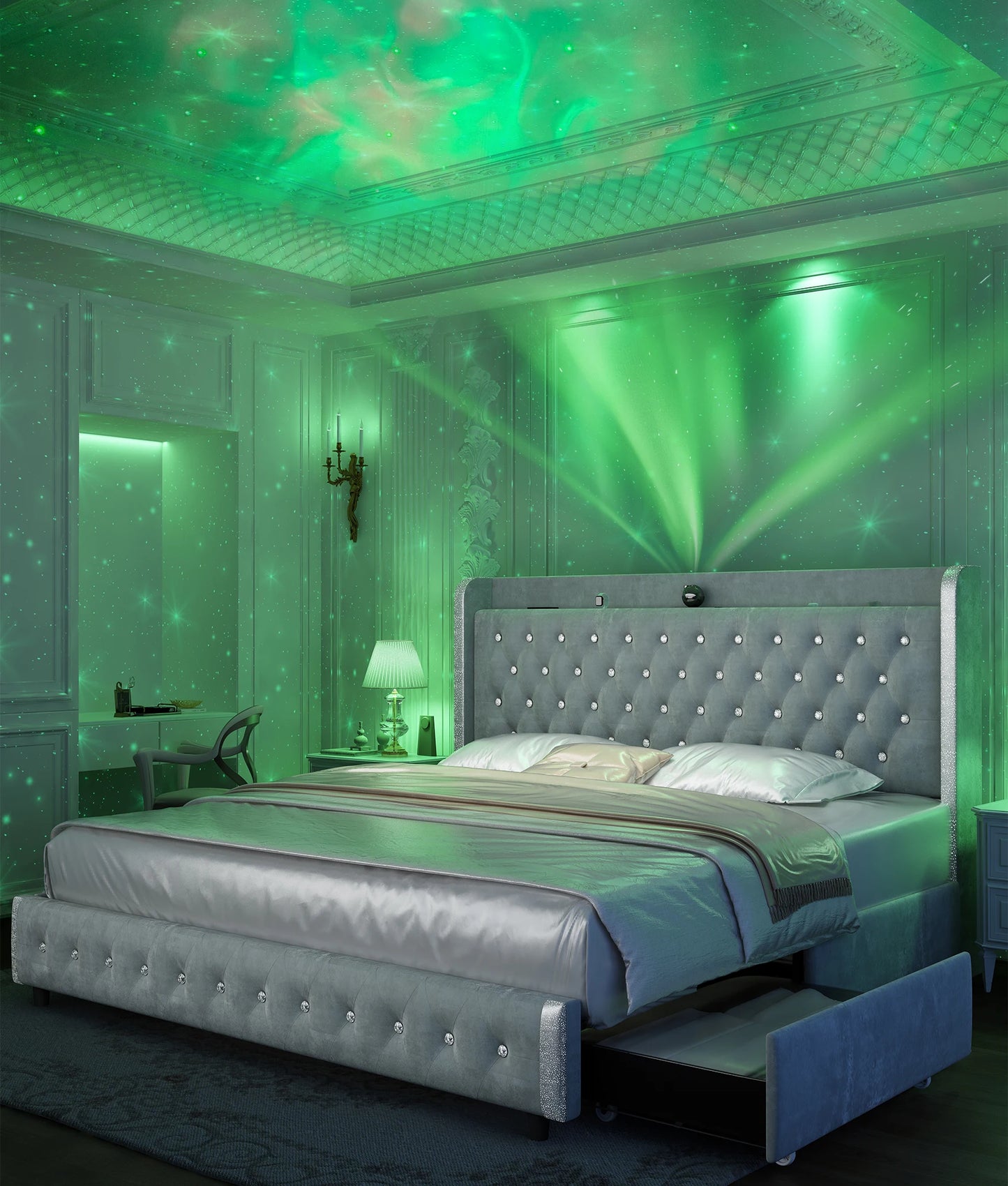 Bed Frame, Galaxy Projector, Bluetooth Speaker, USB Ports, 4 Drawers, No Box Spring Needed