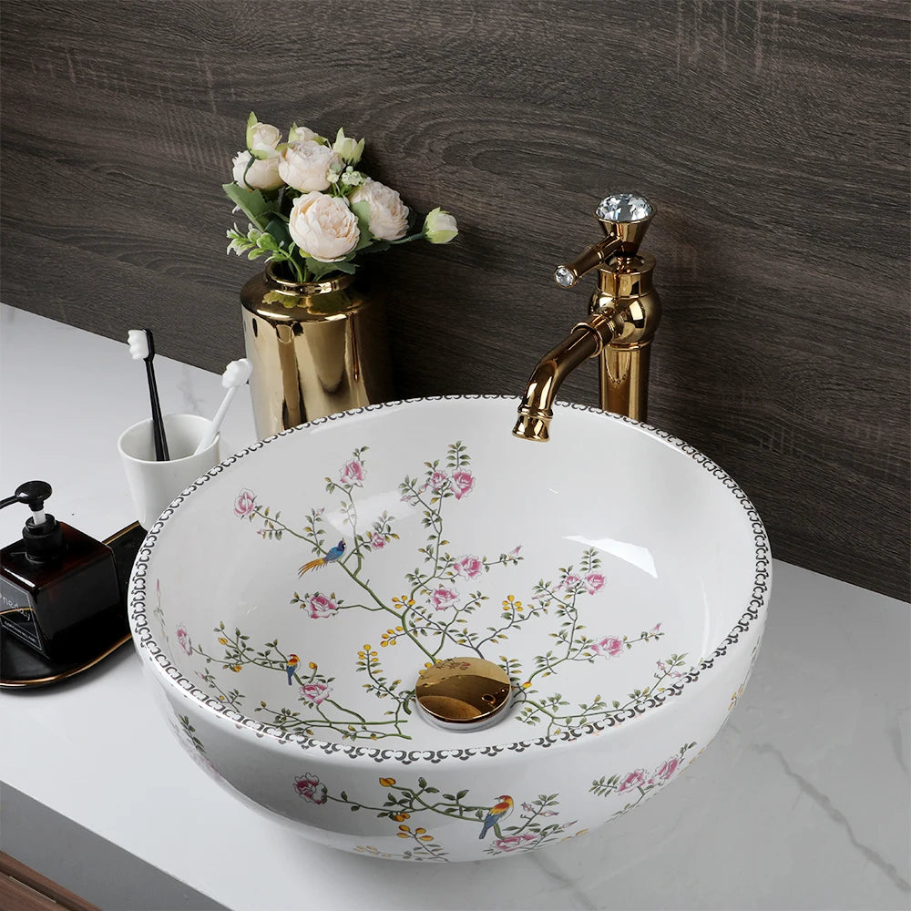 Ceramic Vessel Counter Top Flower Bird Pattern Bowl Sinks for Bathrooms