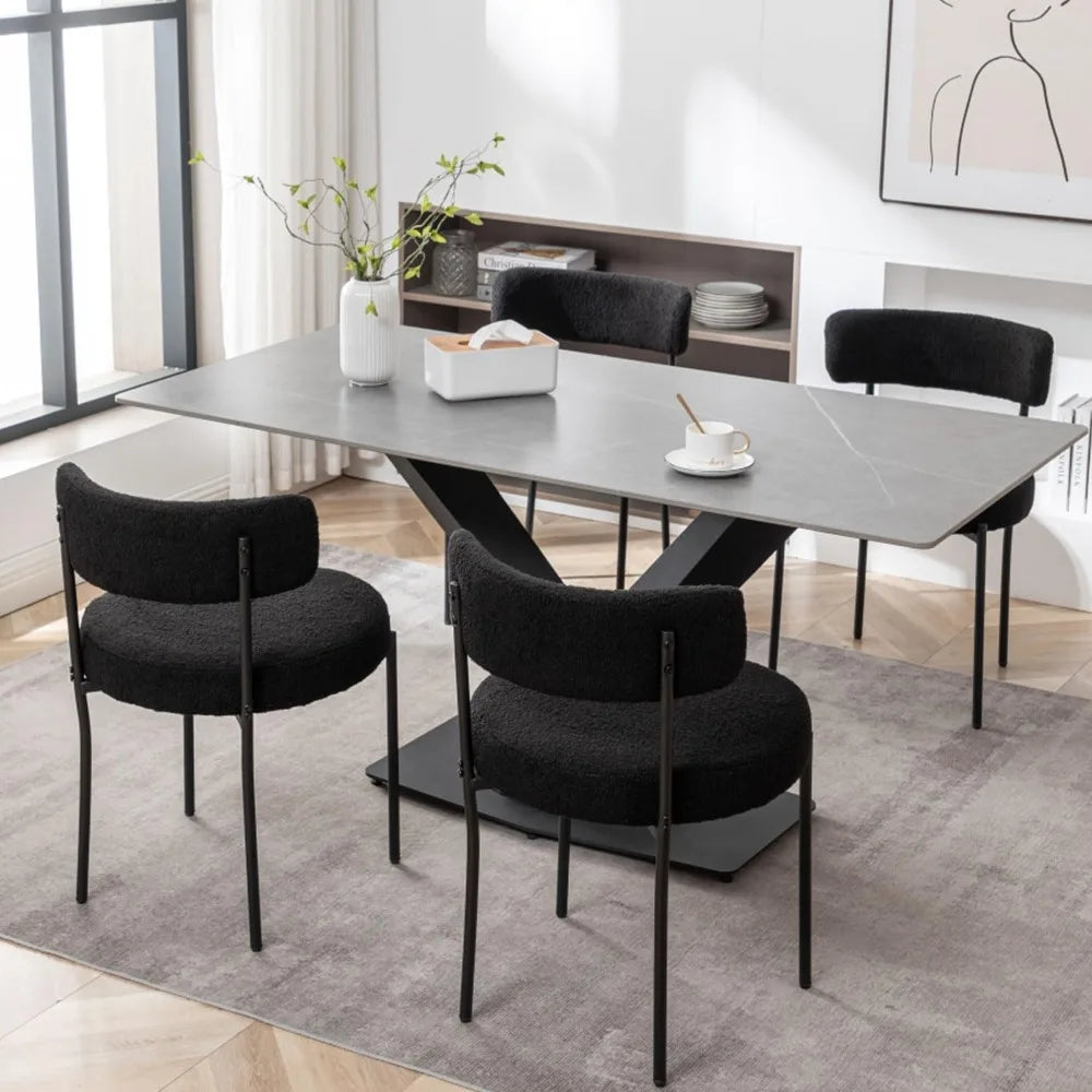 Upholstered Round Modern Buckle Dining Chairs with Black Metal Legs Set