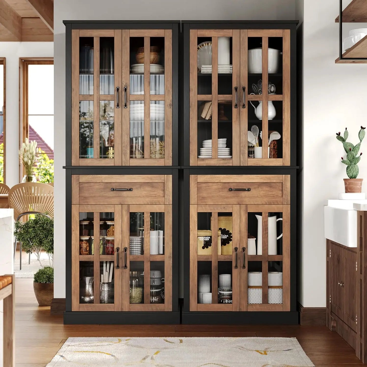 Tall Kitchen Cabinet with Glass Doors and Drawer