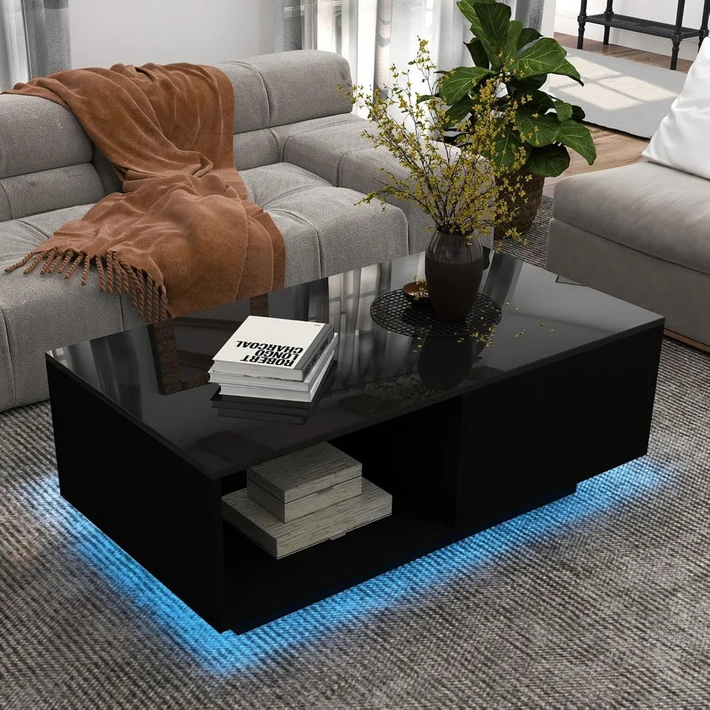 High Gloss Modern LED Coffee Table with Storage Space