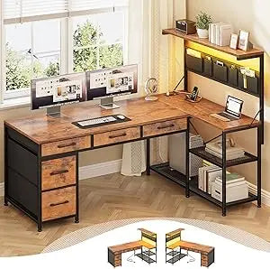 L Shaped Reversible Computer Desk with Bookshelf and Storage Shelves