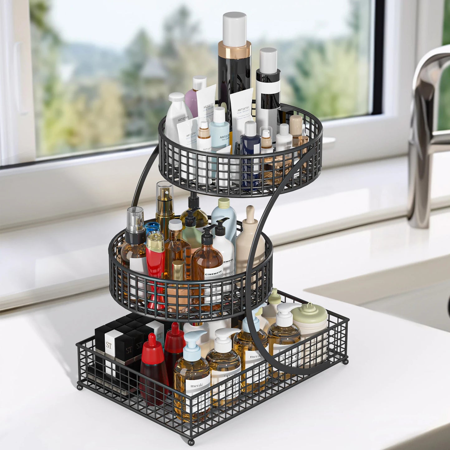 3-Tier Round Metal Storage Rack - No Assembly Required, Cosmetic Organizer, Fruit & Vegetable Basket, Kitchen Storage Gift