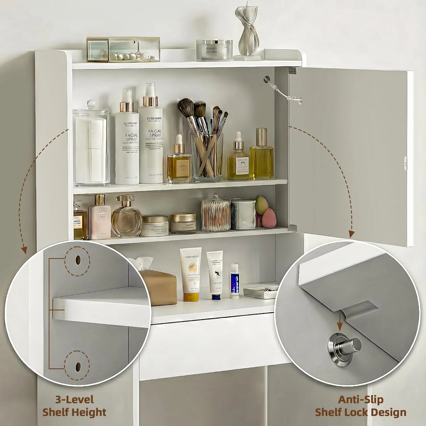 Vanity Desk Lighted Mirror with Charging Station and Storage Shelf