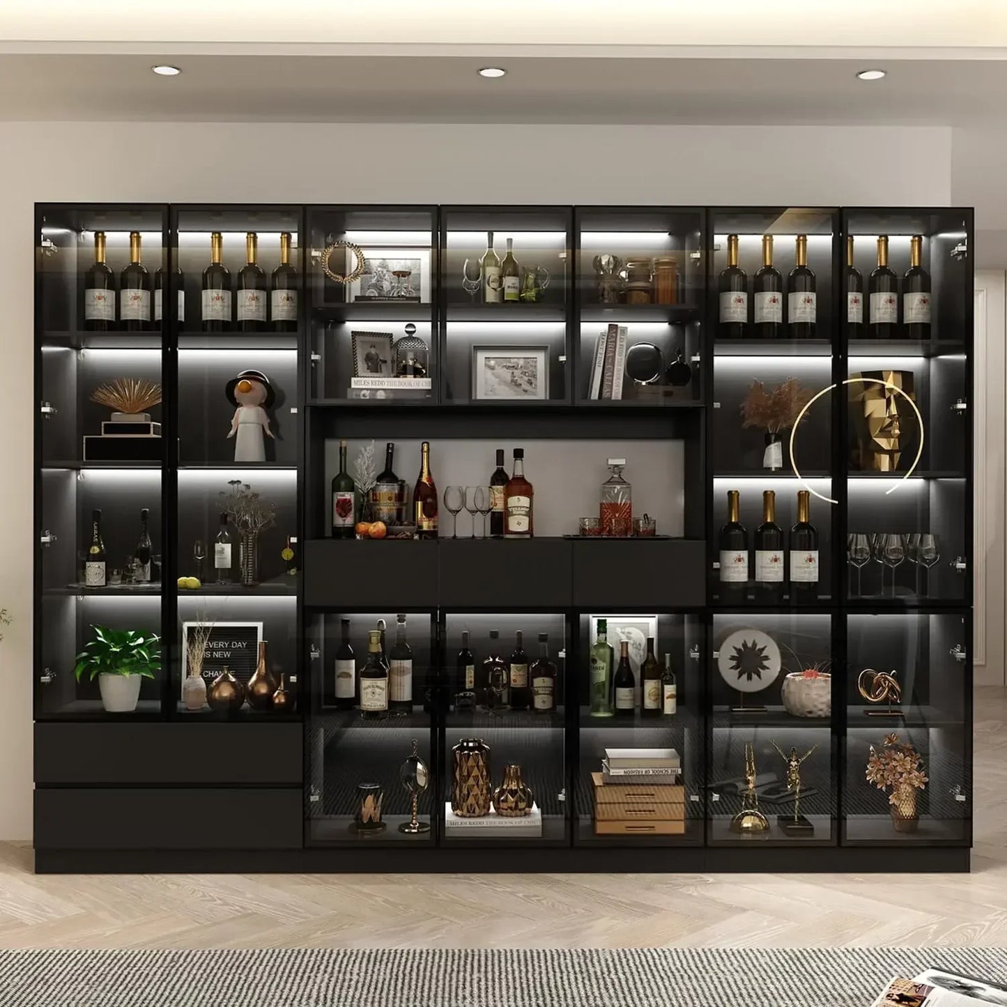 Display Shelf Organizer Set with Hutch Bookcase Bookshelf with Glass Doors and Lights